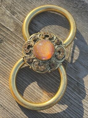 Large Gold-Tone Cabochon Double Ring Brooch - Purple Orange Center